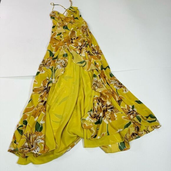 Luxxel Maxi Dress Women Small Yellow Floral Ruffle New Slit Open Back beachy - Picture 1 of 13